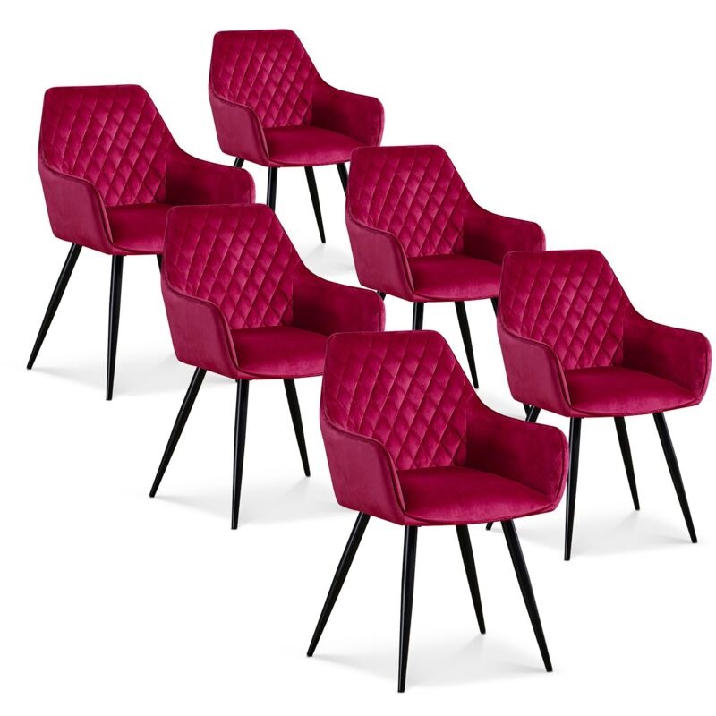 Intensedeco – Lot de 6 chaises Victoria en velours rouge – Pieds en métal noir – Hauteur d'assise 51 cm – Largeur 39.5 cm – Style art déco