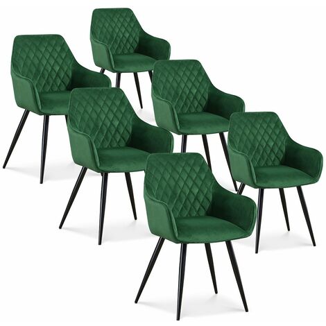 Intensedeco – Lot de 6 chaises Victoria en velours vert – Accoudoirs rembourrés – Dossier incurvé – Hauteur d'assise 51 cm – Pieds en métal noir