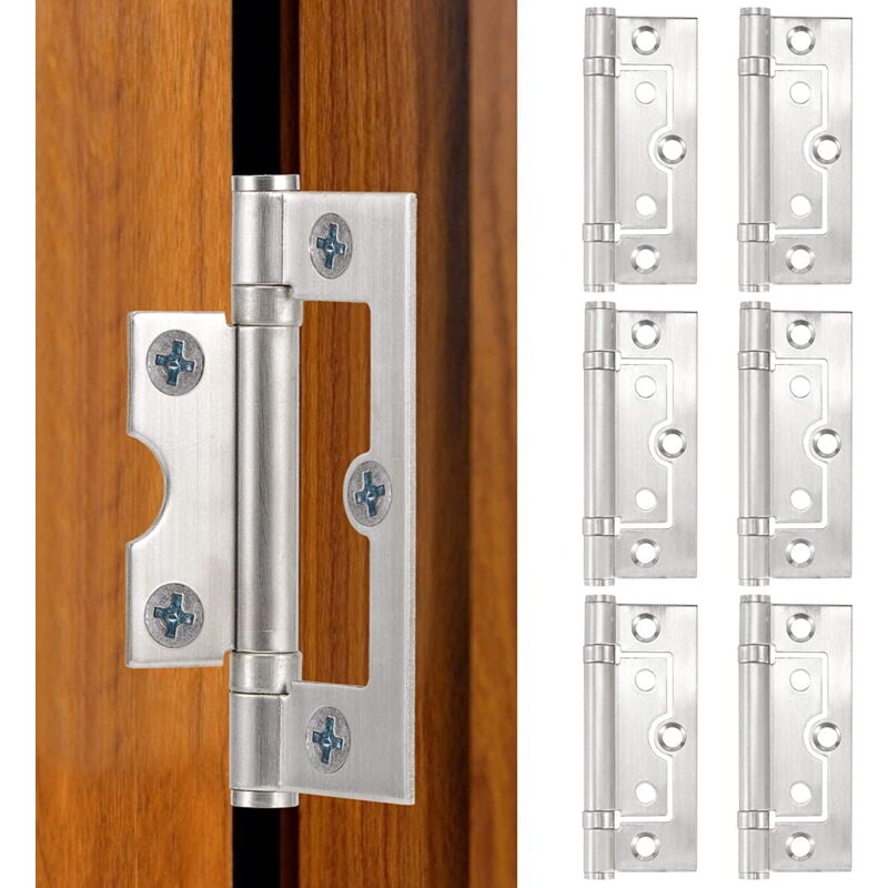 Feiyue - Lot de 6 charnières de porte à roulement à billes de 7,6 cm (3 pouces) d'épaisseur (2 mm) avec vis, en acier inoxydable brossé,