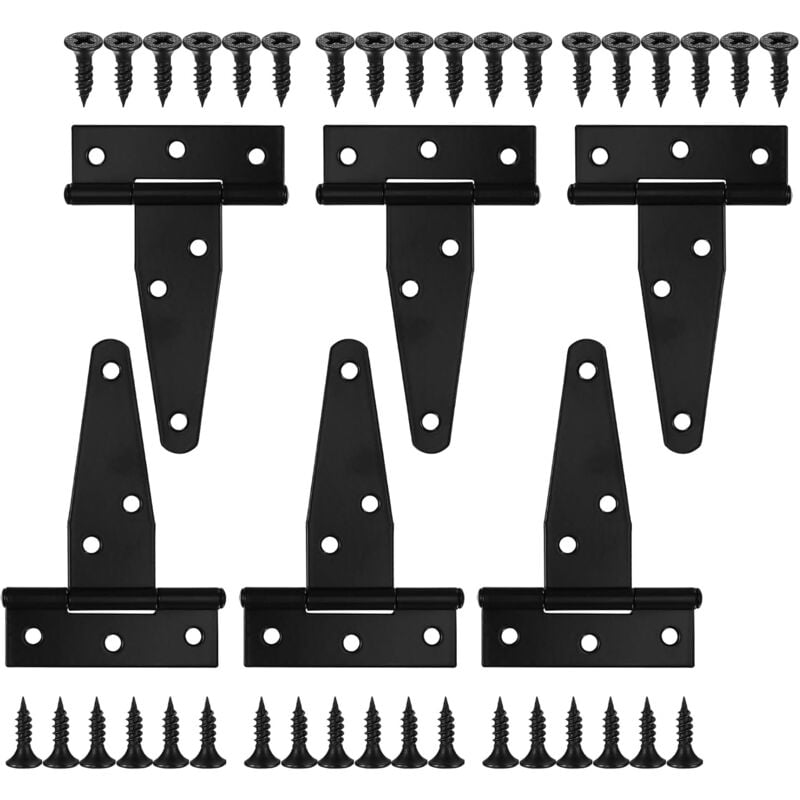 Set of 6 Black T-Shaped Door Hinges, Metal Door Hinges, Door Hinges for Shed Doors, Barn Door, Garden Gate, Shed Door