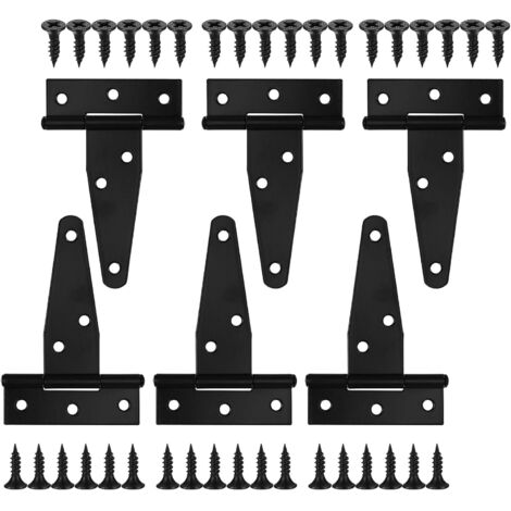 Lot de 6 charnières en forme de T, charnière robuste en métal noir pour t-shirt, charnière en forme de T à montage en surface à 6 trous avec vis.