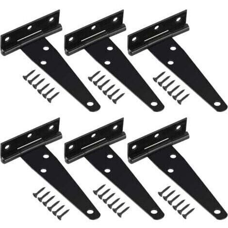 Lot de 6 Charnières en T avec Vis de Montage, Robuste Charnière de Portes pour Portes de Grange Portail en Bois et Fenêtre, Noir