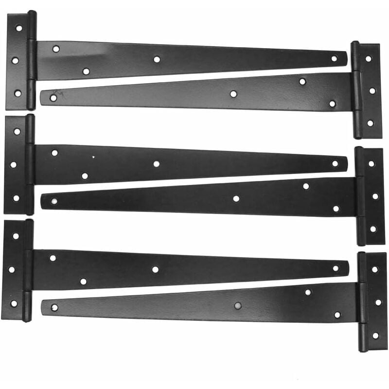 Lot de 6 charnières en T résistantes pour abri de jardin, portail en bois, charnières de portail de grange noires en fer forgé antirouille