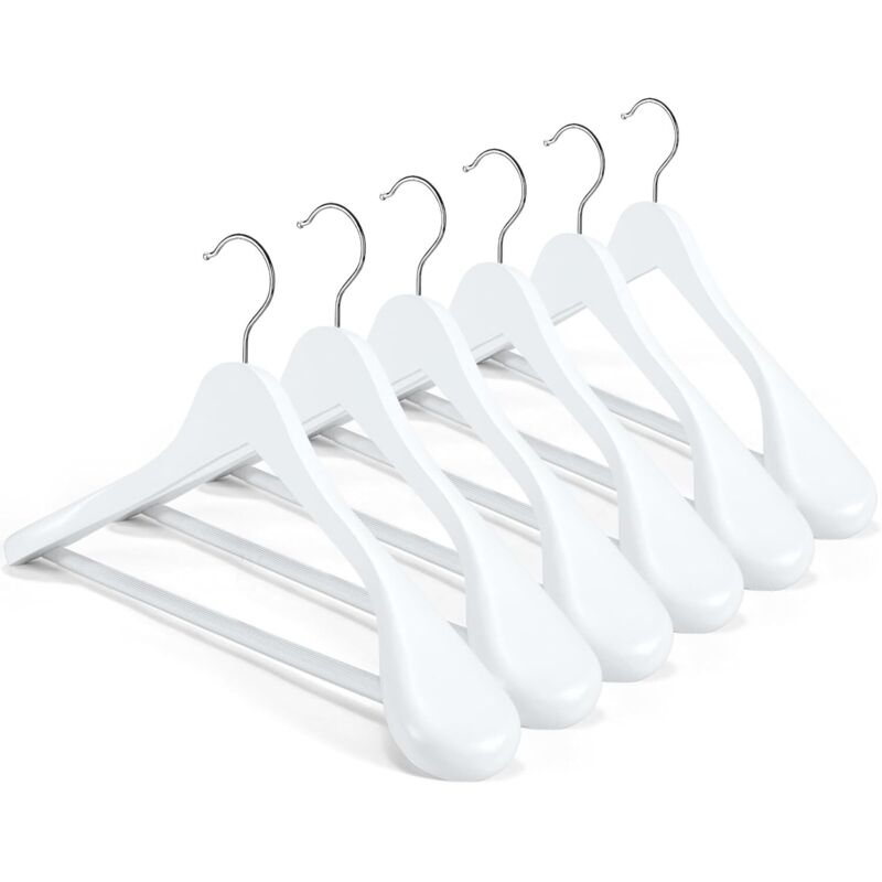 Lot de 6 cintres bois massif femme, épaules larges, barre antidérapante pantalon, finition lisse, pivotant