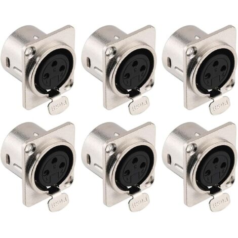Lot de 6 connecteurs XLR femelles à montage sur panneau à 3 broches pour haut-parleur de microphone - Contacts en cuivre nickelé, boîtier métallique