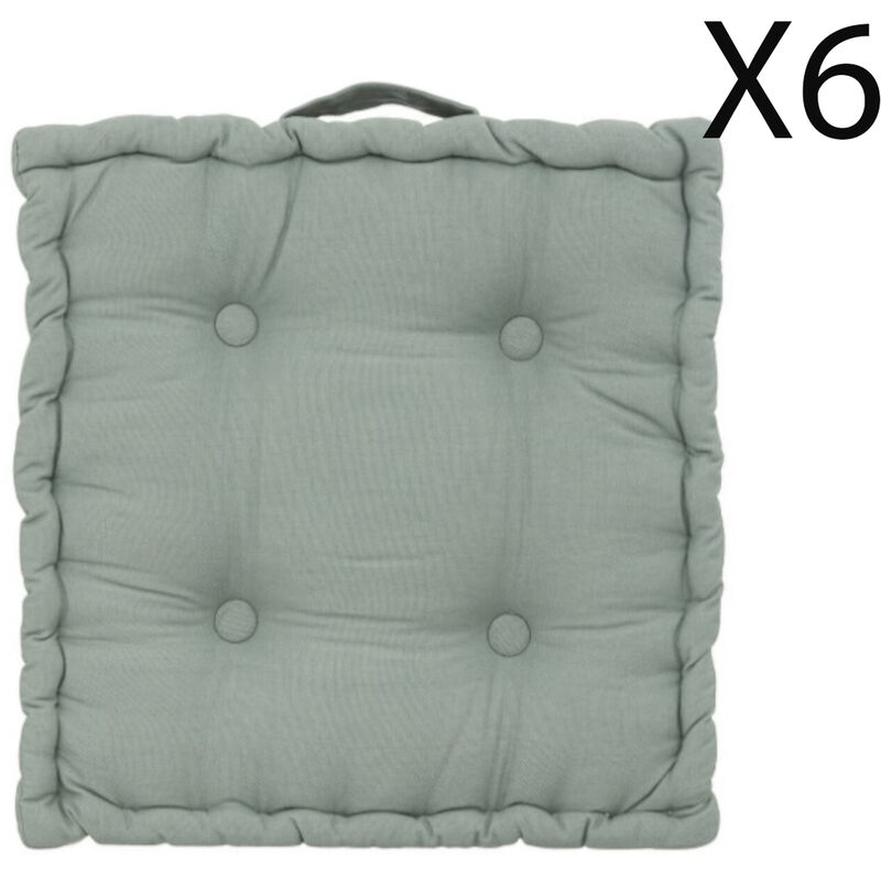 Pegane - Lot de 6 coussins de sol carré, coussin d'assise en coton coloris vert céladon - Longueur 40 x Profondeur 40 x Hauteur 8 cm