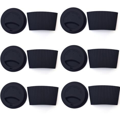Lot de 6 couvercles en silicone réutilisables et étanches, avec couvre-gobelet noir