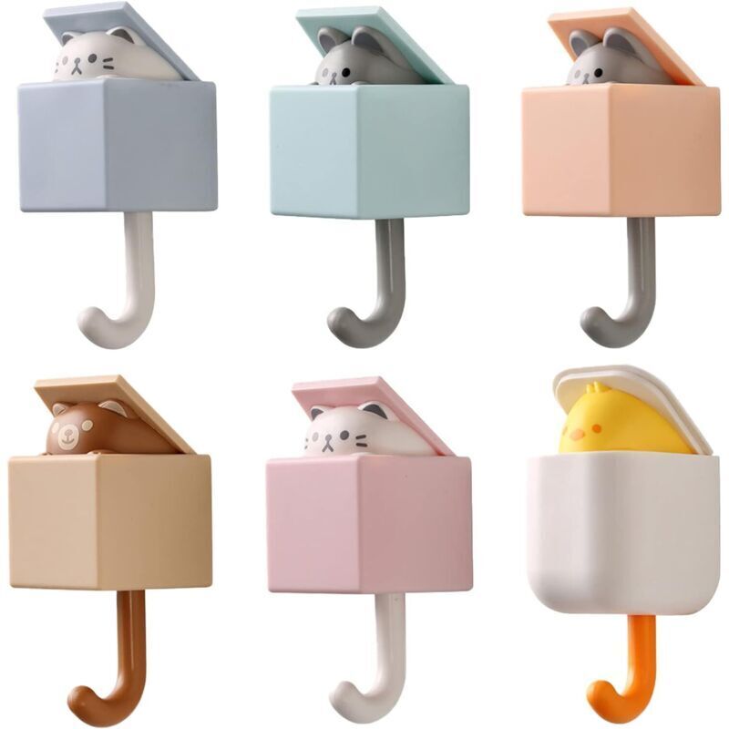 Lot de 6 Crochets Adhésifs Animal Mignonne Patère Murale Bureau Rétractables Porte Manteau pour Enfant Porte Serviette Porte-Clés Mural Accroche Clef