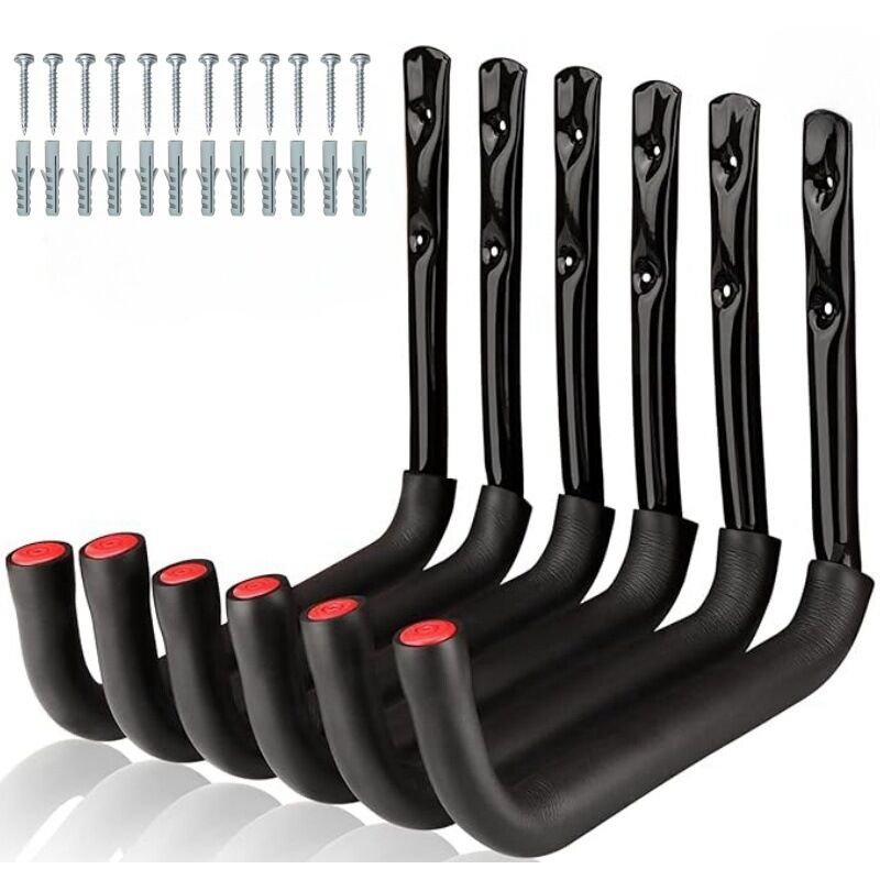 Lot de 6 crochets de garage, robustes en acier et EVA, pour vélo, chaise, tuyau, intérieur et extérieur