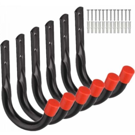 Lot de 6 crochets de garage robustes, fixation murale universelle, crochets muraux en U pour suspendre vélos, chaises, échelles et abris de jardin.