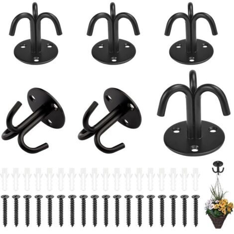 Lot de 6 crochets de plafond avec vis 3 crochets pour charges lourdes Triple crochet noir Support mural pour plantes suspendues, ventilateur de plafond, chandelier
