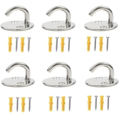 Lot de 6 crochets de plafond en acier inoxydable 304 M5 x 33 mm, plaque à œillet ronde, crochet mural robuste, adapté pour suspendre des paniers de plantes, des ventilateurs de plafond