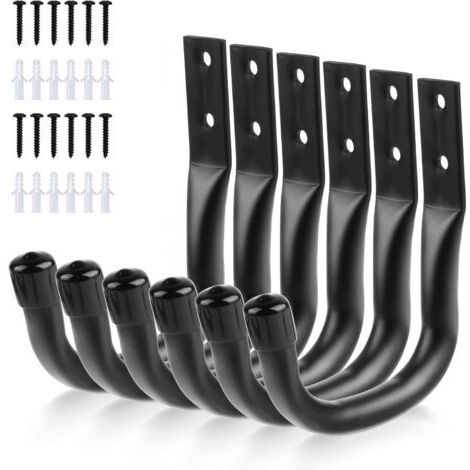 Lot de 6 Crochets de Rangement pour Echelle de Garage, Crochet Mural Garage, Support Velo Mural Noirs, Crochets Muraux Robustes, Crochets en J pour Outils de Jardin, Vélo, Chaises Piantes