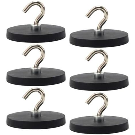 Lot de 6 crochets magnétiques noirs 43 mm d'épaisseur avec crochets, sans perforation, caoutchoutés, extra puissants, 10 kg, pour portes en fer, réfrigérateurs, -