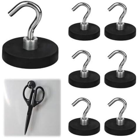 Lot de 6 crochets magnétiques noirs 43 mm d'épaisseur avec crochets, sans perforation, extra puissants, 10 kg, pour croisière, portes en fer, réfrigérateurs, cuisines, penderies, salle -