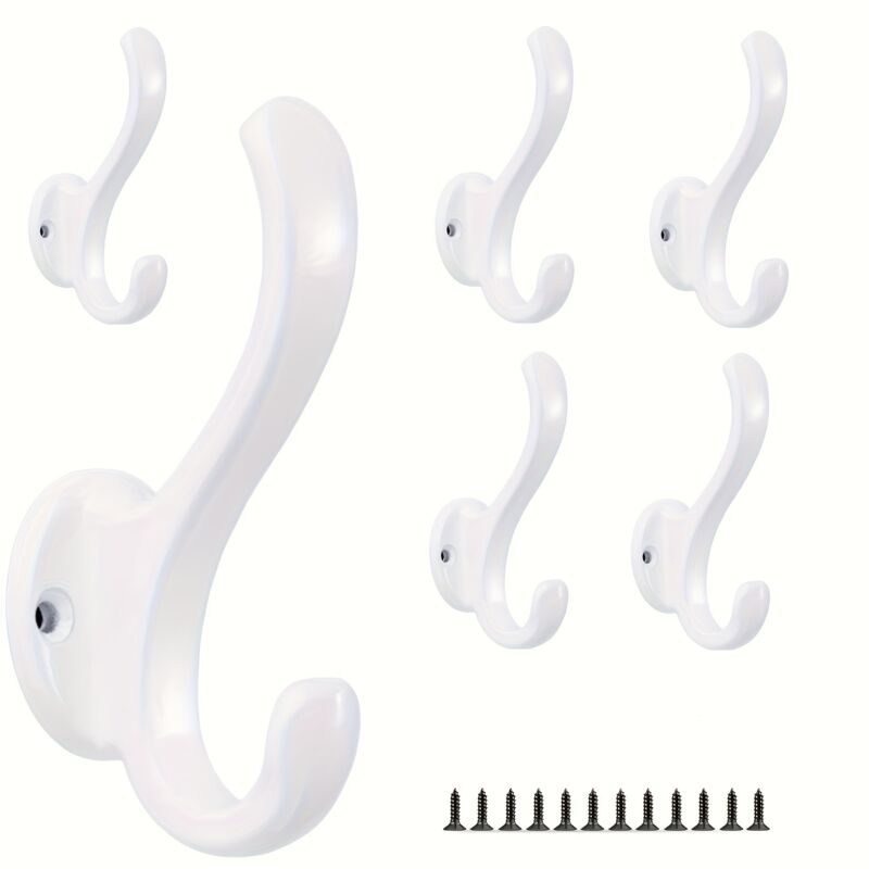 Lot de 6 Crochets Mural Vintage Métal Double - Antirouille Facile à Monter Chapeaux Manteaux Serviettes Clés Blanc