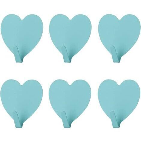 Lot de 6 crochets muraux décoratifs en forme de cœur, (bleu) crochet mural adhésif solide en acier inoxydable pour la maison, la cuisine, la salle de bain, le bureau