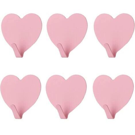 Lot de 6 crochets muraux décoratifs en forme de cœur, (rose clair) Crochet mural adhésif solide en acier inoxydable pour la maison, la cuisine, la salle de bain, le bureau