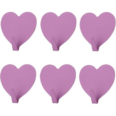 Lot de 6 crochets muraux décoratifs en forme de cœur, (violet) crochet mural adhésif solide en acier inoxydable pour la maison, la cuisine, la salle de bain, le bureau