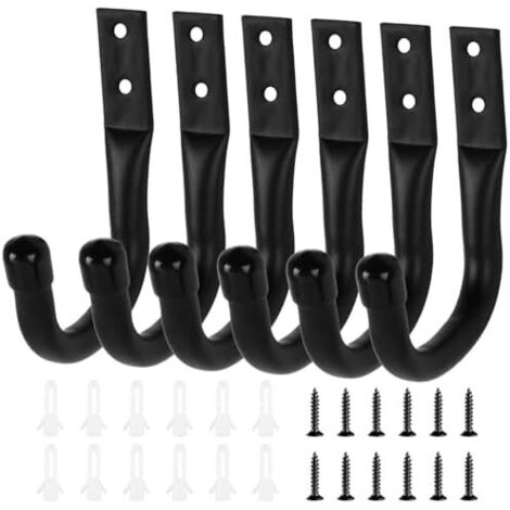 Lot de 6 crochets muraux pour garage, charges lourdes, d'échelle, robustes en J ranger les outils rangement, support mural vélo (noir) -