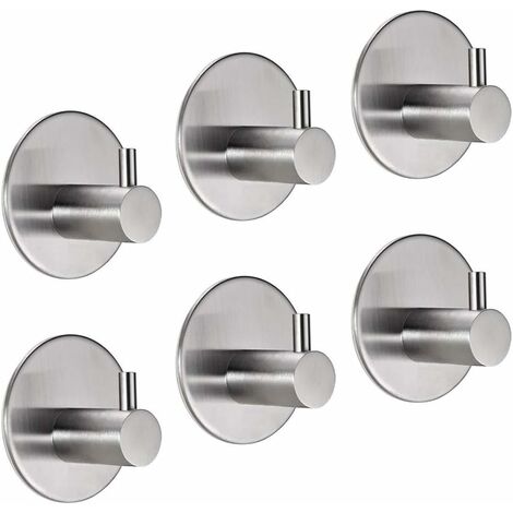 KEYOUNY Lot de 6 crochets porte-serviettes auto-adhésifs, 8 kg crochets muraux 3M en acier inoxydable brossé porte-serviettes crochets porte-manteaux sans perçage (ronds)