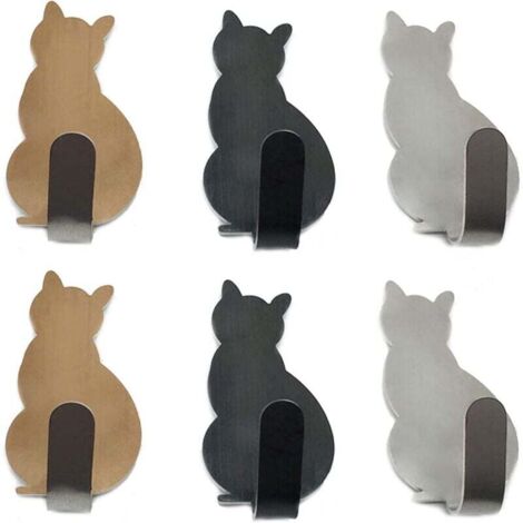 Lot de 6 crochets porte-serviettes en acier inoxydable pour petits chats, crochets muraux décoratifs pour la maison, la cuisine, la salle de bain, le rangement du bureau, sans clous