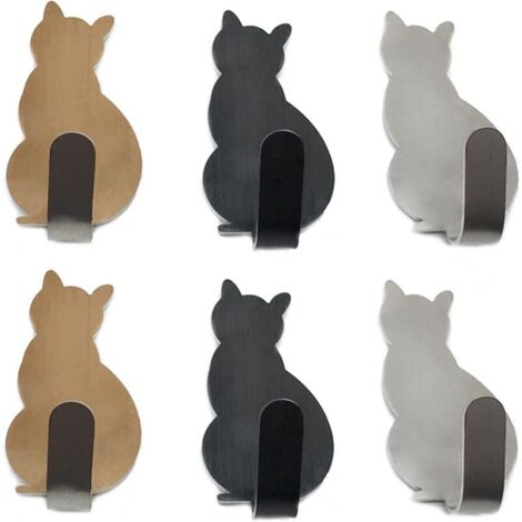 Lot de 6 crochets porte-serviettes en acier inoxydable pour petits chats, crochets muraux décoratifs pour la maison, la cuisine, la salle de bain, le rangement du bureau, sans clous