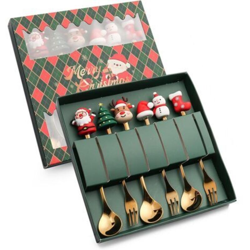 Lot de 6 cuillères à café de Noël en acier inoxydable Cuillères à dessert de Noël Cuillères à café Cuillères à mélanger Couverts de Noël avec coffret
