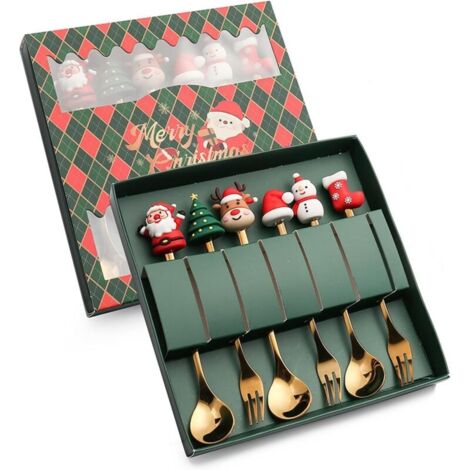 Lot de 6 cuillères à café de Noël en acier inoxydable Cuillères à dessert de Noël Cuillères à café Cuillères à mélanger Couverts de Noël avec coffret cadeau 3 cuillères et fourchette