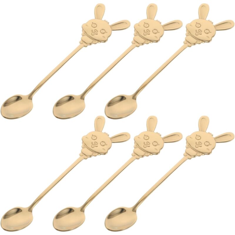 Lot 6 cuillères dessert inox 304 motif lapin doré, décoratives pour Pâques, café, dessert, fêtes