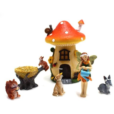 Lot de 6 décorations miniatures de jardin – Maisons champignons en résine – Style féerique