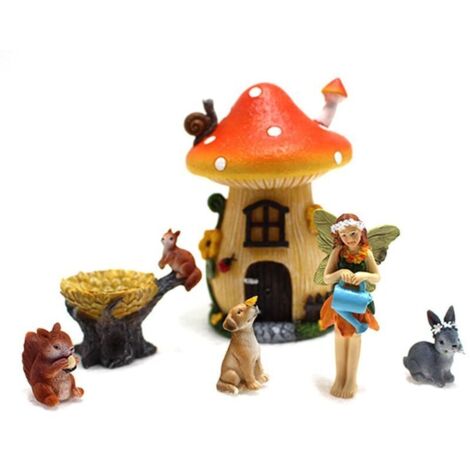 Lot de 6 décorations miniatures de jardin – Maisons champignons en résine – Style féerique