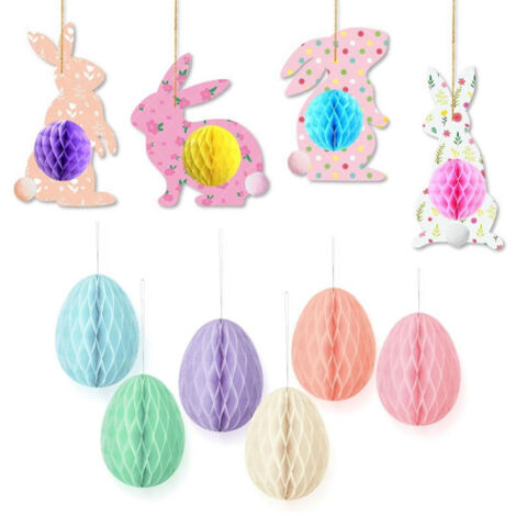 Lot de 6 Décorations Œufs de Pâques Nid d’Abeille, Suspensions Festives avec Branche en Bois et Arbre LED pour Déco de Saison