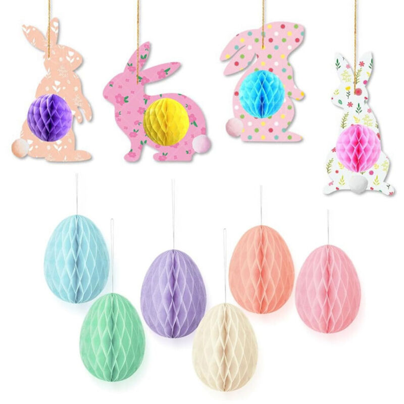 Lot de 6 Décorations Œufs de Pâques Nid d’Abeille, Suspensions Festives avec Branche en Bois et Arbre LED pour Déco de Saison