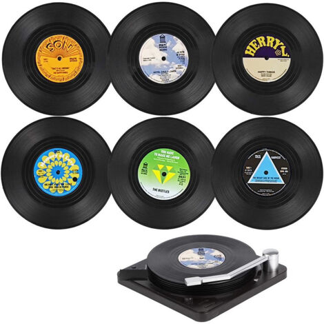 Lot de 6 dessous de verre style vinyle en plastique, avec support, décor rétro