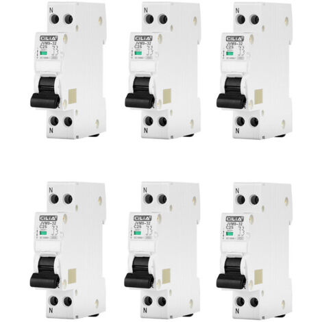Lot de 6 Disjoncteurs DPN 1P+N 25A Courbe C - Magnéto-Thermique 1 Module DIN 6kA 230V pour Tableau Électrique - CILIA (JVM9-32-1P-25 A)