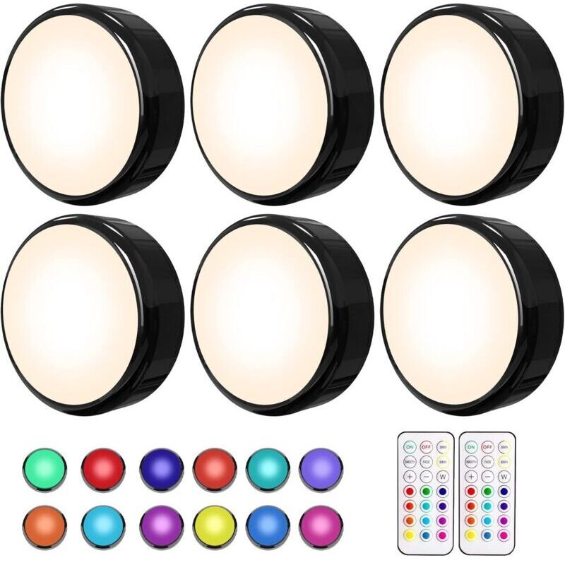 Dpzo – Lot de 6 éclairages LED sous meuble – Multicolore à piles avec télécommande – 16 couleurs, 10 niveaux de luminosité, fonction minuterie – Noir