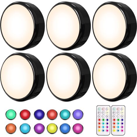 Lot de 6 éclairages LED sous meuble à intensité variable - LED pour cuisine - LED Multicolore à piles - Éclairage de vitrine avec télécommande et fonction minuterie - Noir