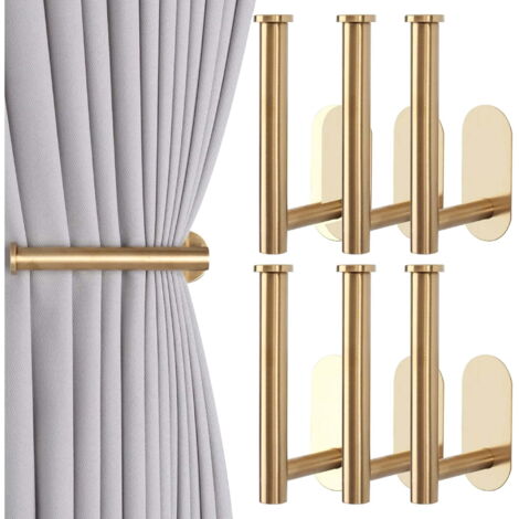 Lot de 6 embrasses et fixations adhésives pour rideaux, cordons de tirage sans perçage, crochets et fixations adhésifs pour rideaux (6 pièces, doré)