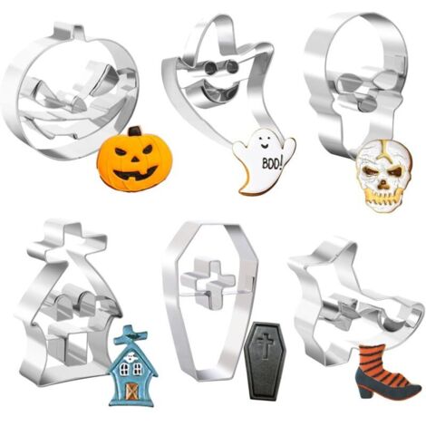 Lot de 6 emporte-pièces en acier inoxydable pour Halloween : citrouille, crâne, fantôme, maison hantée, botte et cercueil, pour décoration de fête d'Halloween