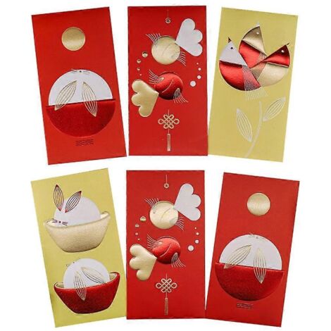 Lot de 6 enveloppes rouges porte-bonheur Hongbao, motif lapin, pour le Nouvel An chinois 2023