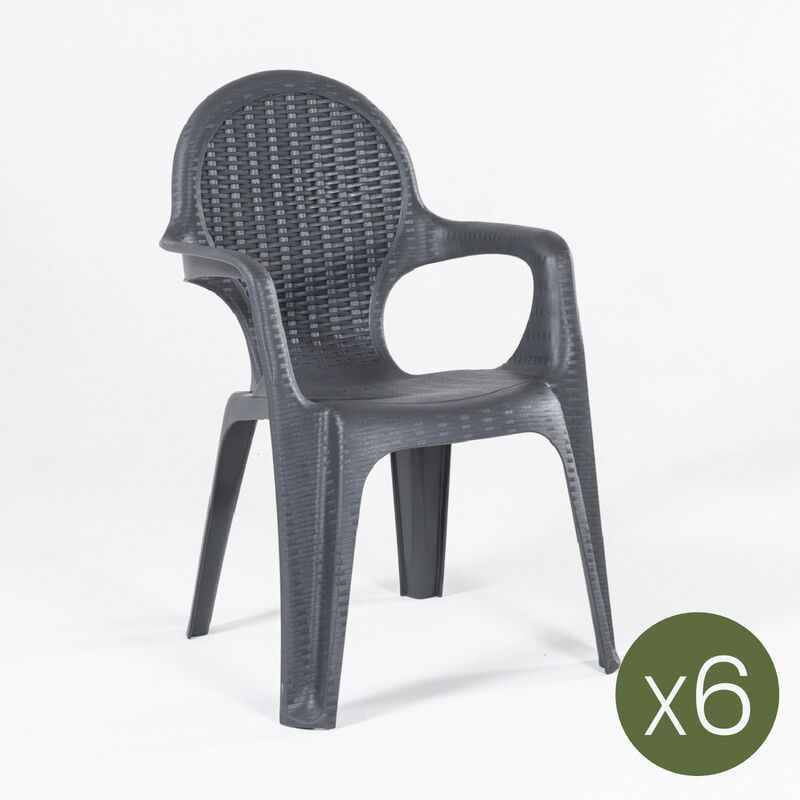 SC - Lot de 6 fauteuils de jardin, Empilables, Résine, Couleur Anthracite, 75x58x84 cm