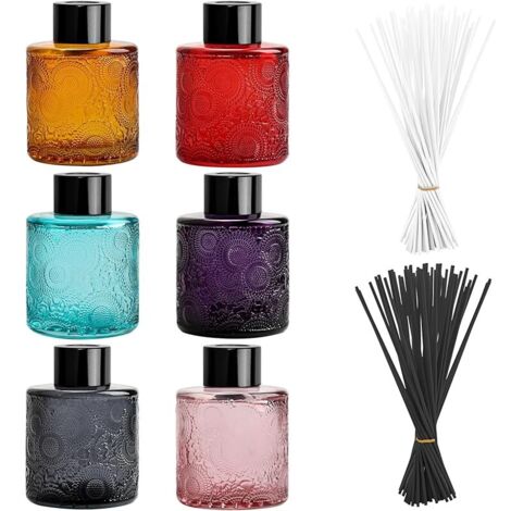 Lot de 6 Flacon Diffuseur en Verre Avec Bâtonnet (25 Noir & 25 Blanc) - Design en Relief, Flacon Vide Huile Essentielle, Bouchon de Bouteille Noir