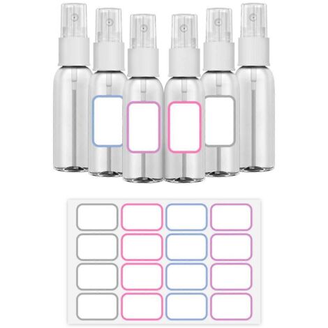 Lot de 6 flacons pulvérisateurs vides avec 12 étiquettes, capacité de 50 ml, rechargeables, pour le transport de produits liquides (lotion, etc.) en voyage ou en camping.