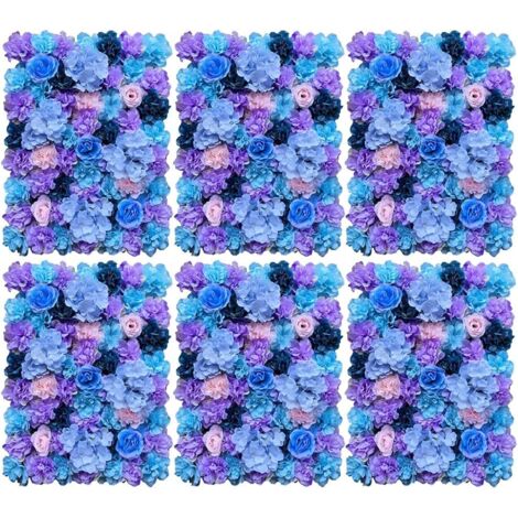 Lot de 6 fleurs artificielles Mur de fleurs en soie Fond de rue de mariage DIY Mur de roses pour décoration de jardin de mariage, bleu/violet Hortensia + Rose