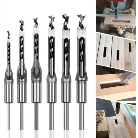 Lot de 6 Forets à bois trou carré Bédanes Creux en Acier Outils Set pour travail du bois Foret a trou carre Foret Trou de Perçage Mortaiser Burin 6,4/8/9,5/12,7/14/16mm Mèches Trou Carré