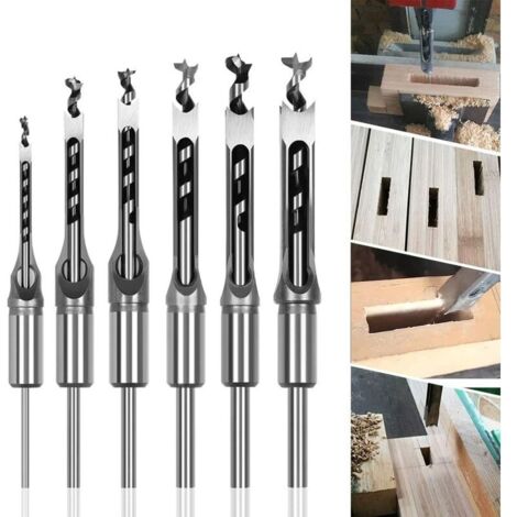 Lot de 6 Forets à bois trou carré Bédanes Creux en Acier Outils Set pour travail du bois Foret a trou carre Foret Trou de Perçage Mortaiser Burin 6.4/8/9.5/12.7/14/16mm Mèches Trou Carré
