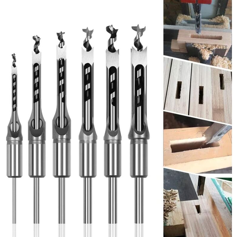 Lot de 6 Forets à bois trou carré Bédanes Creux en Acier Outils Set pour travail du bois Foret a trou carre Foret Trou de Perçage Mortaiser Burin