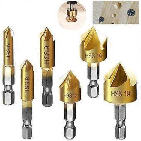 Lot de 6 forets à chanfreiner hexagonaux HCS 1/4" à 5 dents pour fraisage, disponibles en 6 mm, 8 mm, 9 mm, 12 mm, 16 mm et 19 mm.