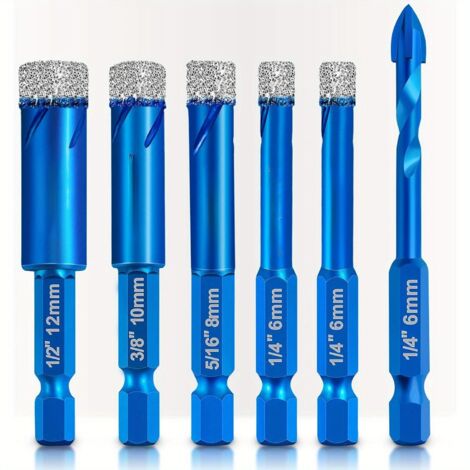 Lot de 6 Forets Diamantés Bleus Granit à Tige Hexagonale pour Perçage à Sec Carrelage Céramique Marbre et Pierre Naturelle